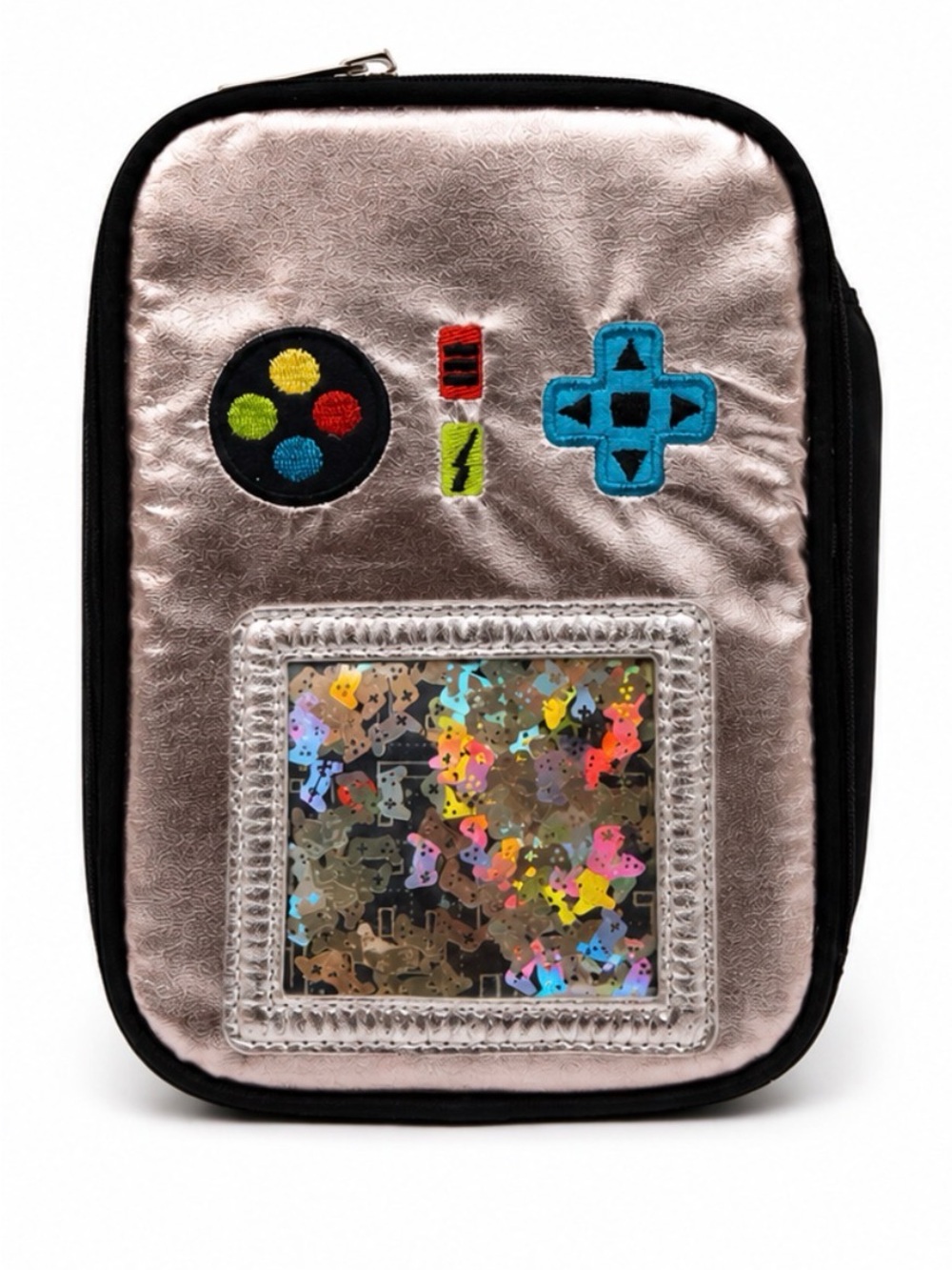 Metallic Electronics Pouch with Embroidered Gaming Icons